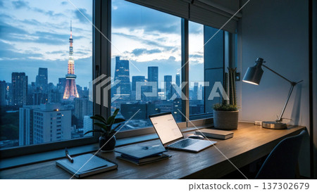 Modern home office desk with laptop and books by window showing city skyline at dusk with tower lights glowing warmly 137302679