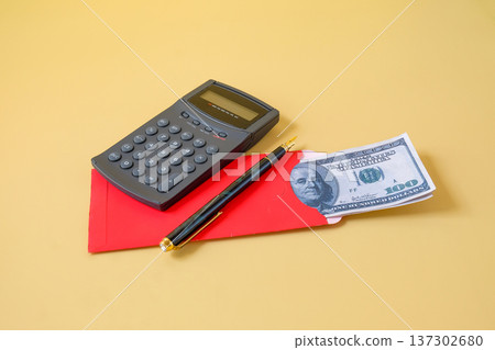 Banknote cash in the red envelope , US dollar concept . 137302680