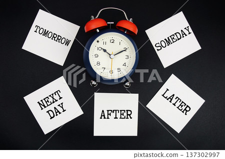 Alarm Clock Surrounded with Tomorrow, Next Day, After, Later, Someday 137302997