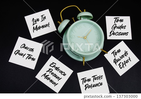 Alarm Clock Surrounded with Message about Time Management Concept Alarm Clock Surrounded with Message about Time Management Concept 137303000
