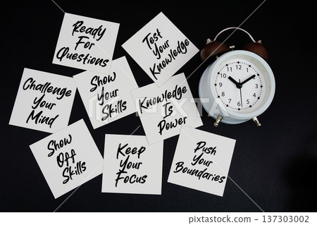 Alarm Clock Surrounded with Message about Knowledge and Learning Concept Alarm Clock Surrounded with Message about Knowledge and Learning Concept 137303002