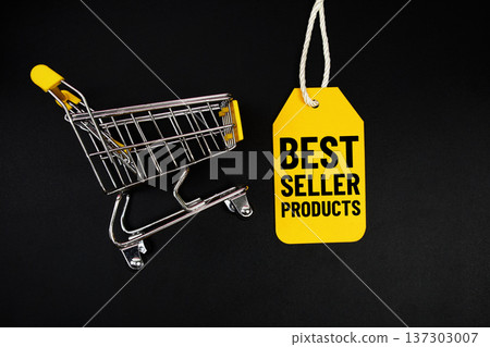 Mini Trolley Shopping Cart and price tag with message "Best Seller Products" on black background 137303007