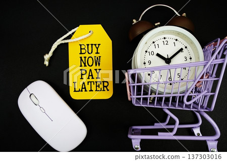 Buy Now Pay Later text with price tag, optical mouse, trolly cart and alarm clock on black background, Shopping Online Concept 137303016
