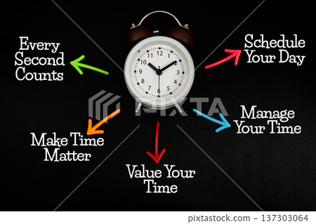 Alarm clock surrounded by colorful arrows pointing to the words "Every Second Counts, Make Time Matter, Value Your Time, Manage Your Time, Schedule Your Day" Alarm clock surrounded by colorful arrows pointing to the words "Every Second Counts, Make Time Matter, Value Your Time, Manage Your Time, Schedule Your Day" 137303064