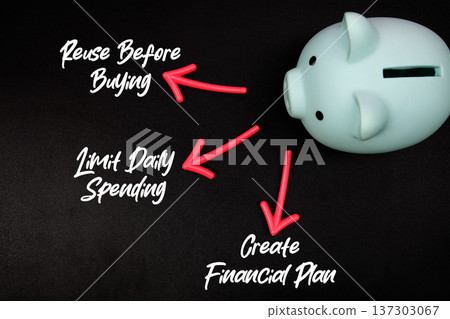 Pink piggy bank with three arrows pointing to financial tips: "Reuse Before Buying," "Limit Daily Spending," and "Create Financial Plan," highlighting practical strategies for better money management 137303067