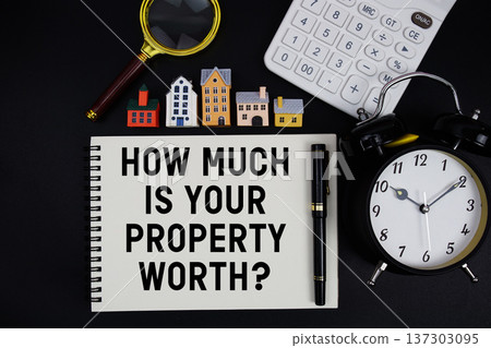 Notepad with the phrase "How much is your property worth?" surrounded by a pen, mini trolley shopping cart, magnifying glass, clock, and house model Notepad with the phrase "How much is your property worth?" surrounded by a pen, mini trolley shopping cart, magnifying glass, clock, and house model 137303095