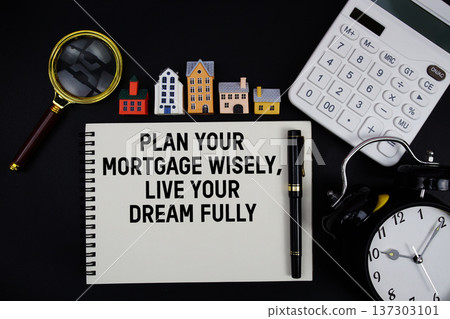 Notepad with the phrase "Plan Your Mortgage Wisely, Live Your Dream Fully" surrounded by a pen, calculator, magnifying glass, clock, and house model 137303101
