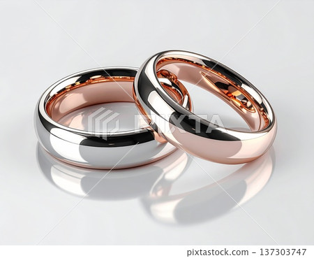 Two Tone Wedding Bands in Rose Gold and Platinum on White 137303747