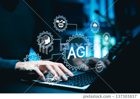 Artificial general intelligence concept. AGI system connected to multiple technologies, symbolizing advanced AI automation, machine learning, cognitive computing, future intelligent digital systems Artificial general intelligence concept. AGI system connected to multiple technologies, symbolizing advanced AI automation, machine learning, cognitive computing, future intelligent digital systems 137303837