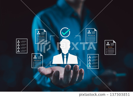 Human resource recruitment concept. Candidate selection process with resume documents and profile icons, representing digital hiring, employee evaluation, talent acquisition, job application analysis, 137303851