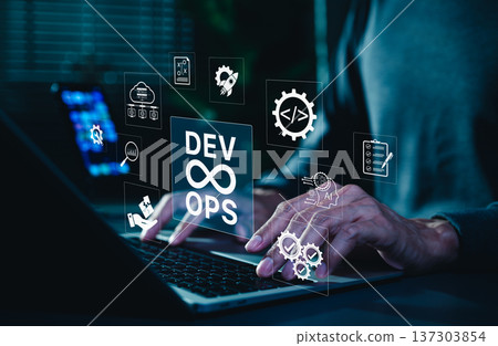 DevOps and software automation concept showing continuous integration, deployment, and AI-driven development workflow, with a developer typing on laptop surrounded by coding, cloud, and system icons. 137303854