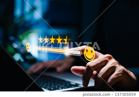 Customer satisfaction and feedback rating concept with five-star review bar interface and smile face icons, representing user experience, review system and quality evaluation in digital services. Customer satisfaction and feedback rating concept with five-star review bar interface and smile face icons, representing user experience, review system and quality evaluation in digital services. 137303859