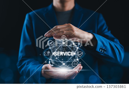 Customer service concept, businessman protecting digital globe with service icons representing global support, technical assistance, online communication, cybersecurity and 24/7 business solutions. Customer service concept, businessman protecting digital globe with service icons representing global support, technical assistance, online communication, cybersecurity and 24/7 business solutions. 137303861