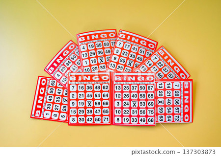 Red Bingo card game on color background. Red Bingo card game on color background. 137303873