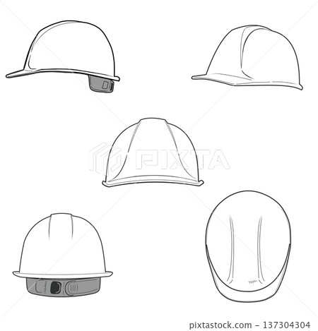 Construction helmet illustration (front, side, back, 5-piece set) black and white 137304304