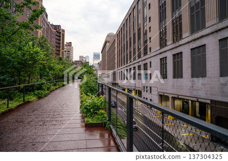 The High Line walkway stretches through lush greenery beside historic buildings in Manhattan. The elevated park overlooks city streets and reflects urban renewal in New York. The High Line walkway stretches through lush greenery beside historic buildings in Manhattan. The elevated park overlooks city streets and reflects urban renewal in New York. 137304325