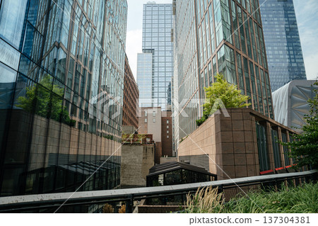Modern glass and steel skyscrapers rising above West Chelsea in New York City. Contemporary architecture reflects the skyline and urban development of Manhattan. Modern glass and steel skyscrapers rising above West Chelsea in New York City. Contemporary architecture reflects the skyline and urban development of Manhattan. 137304381
