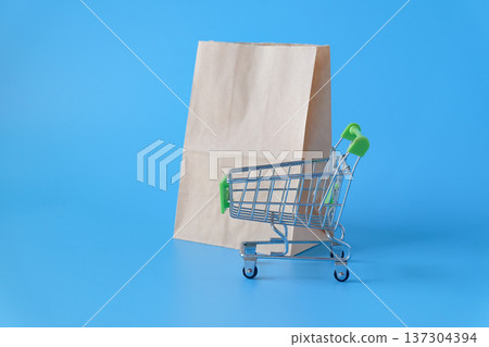 A shopping cart with brown paper bag on color background. 137304394