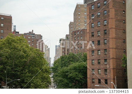 Tall brick residential buildings rise above a tree-lined Manhattan street. The quiet urban neighborhood shows everyday life in New York City. 137304415