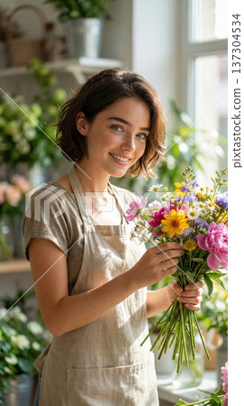 A smiling young woman with short brown hair and freckles is expertly arranging a vibrant bouquet of fresh flowers in a sunlit flower shop, symbolizing creativity and entrepreneurship. 137304534