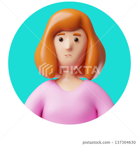 A 3D female avatar with short red hair and a sad expression in a blue round frame. A 3D female avatar with short red hair and a sad expression in a blue round frame. 137304630