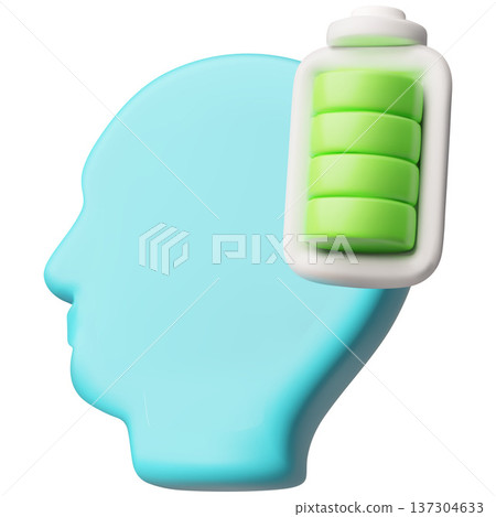 Full battery in a human head 3D vector icon, symbol for healthy mental energy, brain battery high level wellbeing mind 137304633