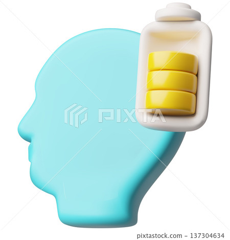 Half full battery in a human head 3D vector icon, symbol for mental energy reduction, decreasing concentration Half full battery in a human head 3D vector icon, symbol for mental energy reduction, decreasing concentration 137304634