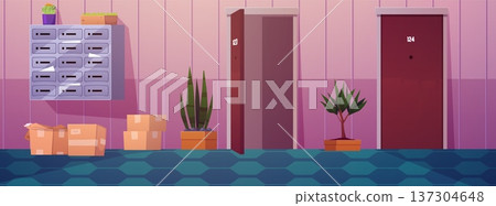 House lobby with apartment doors, vector flat hall, corridor interior potted plants, cardboard boxes and wall mail boxes House lobby with apartment doors, vector flat hall, corridor interior potted plants, cardboard boxes and wall mail boxes 137304648