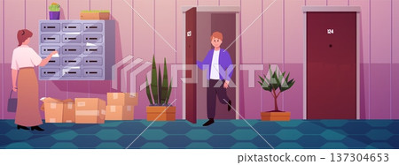 A corridor of an apartment building with doors, a mailbox, flowers, and boxes. A corridor of an apartment building with doors, a mailbox, flowers, and boxes. 137304653