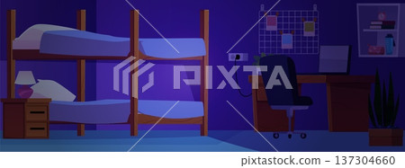 An empty dorm room, hotel room, or apartment bedroom at night. 137304660