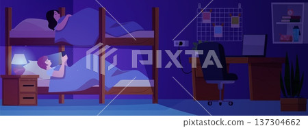 A bedroom at night with a bunk bed, sleeping characters, a desk, a chair, and a nightstand. A bedroom at night with a bunk bed, sleeping characters, a desk, a chair, and a nightstand. 137304662