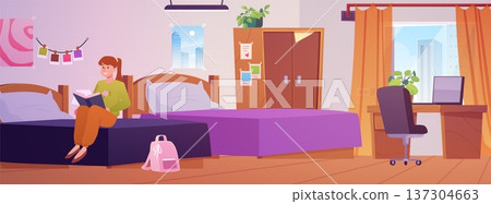 Student girl in dormitory sitting on the bed studying book, cozy interior of dormitory bedroom vector flat illustration 137304663