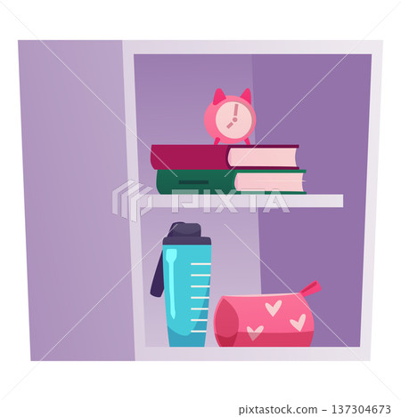 Shelf with books, water bottle, pink cosmetic bag and clock, vector flat dormitory, home room interior furniture object Shelf with books, water bottle, pink cosmetic bag and clock, vector flat dormitory, home room interior furniture object 137304673