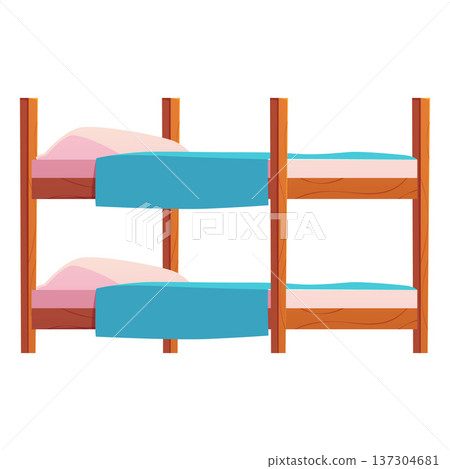 Wooden bunk bed with pillow and blue blanket, dormitory, home furniture for rest and relax vector flat illustration 137304681
