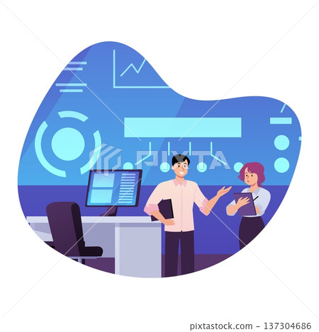 A man and woman standing near a desk in front of a data center screen. A man and woman standing near a desk in front of a data center screen. 137304686