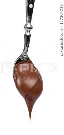 Spoon with Thick Chocolate Cream Drip Isolated on Light Background Spoon with Thick Chocolate Cream Drip Isolated on Light Background 137304730