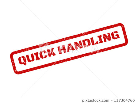 A textured red rectangular rubber stamp indicating quick handling for efficient package processing A textured red rectangular rubber stamp indicating quick handling for efficient package processing 137304760
