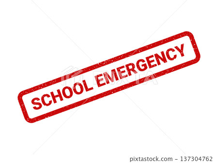 A textured red rectangular rubber stamp prominently displaying the important text SCHOOL EMERGENCY for urgent notification A textured red rectangular rubber stamp prominently displaying the important text SCHOOL EMERGENCY for urgent notification 137304762