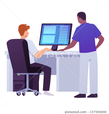 An office desk with a computer and male characters, one sitting on a chair and one standing nearby. 137304840
