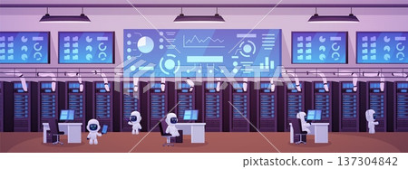 A data center with server equipment, monitors, desktops with computers and robots. 137304842