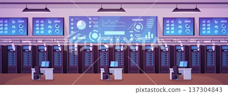 Big data control center interior, vector flat computer system equipment and analyzing graphs on screens in server room 137304843