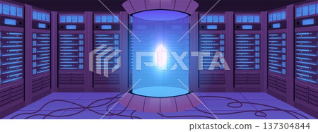 Banner with server racks and wires. Big data center premises. 137304844