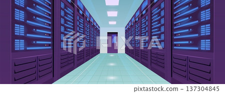 Data center interior with server racks with illuminated screens and a door. 137304845