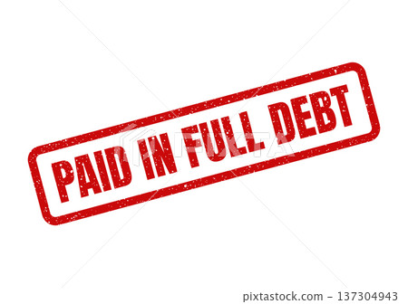 Angled red rubber stamp with paid in full debt text indicating a financial obligation has been settled 137304943