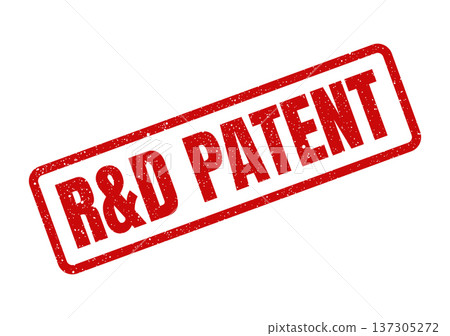 Distressed rectangular red rubber stamp showcasing R&D PATENT for intellectual property and innovation protection 137305272