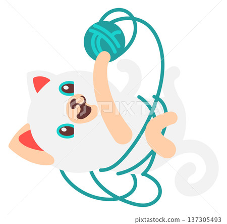 Kitten play with yarn ball. Wool thread tangle 137305493