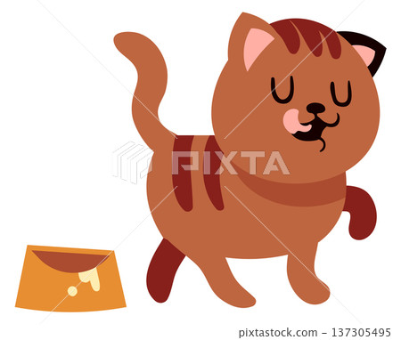 Fed happy cat licking tongue. Tasty pet food 137305495