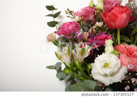 Floral background with pink roses, astrantia, and greenery on a light background. Space for your text. 137305527