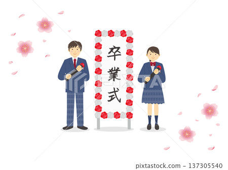 畢業典禮圖片插圖，包括櫻花、標誌和高中生。 137305540