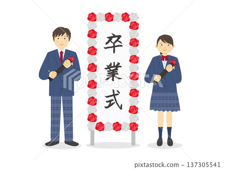 Graduation ceremony image of high school students and signboard illustration Graduation ceremony image of high school students and signboard illustration 137305541